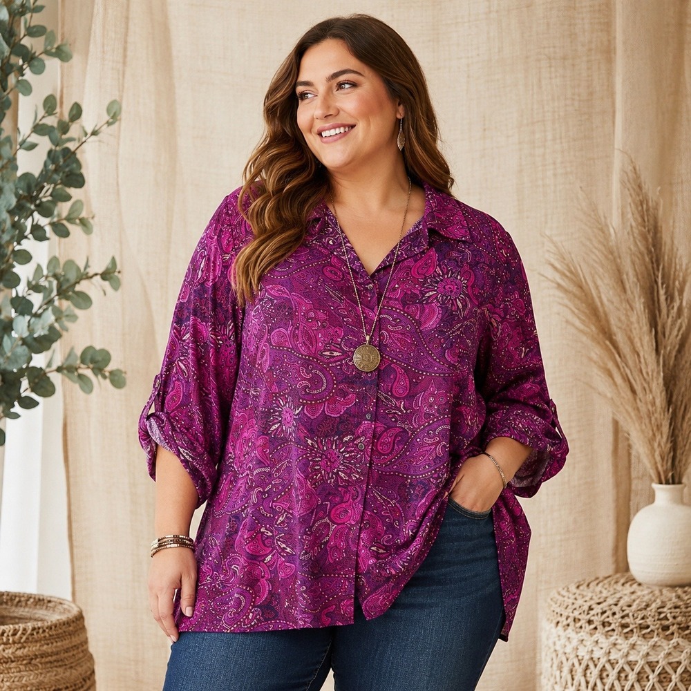 Catherines Womens Blouse 3X Paisley Roll Tabl Sleeve Top Office Career Plus Size